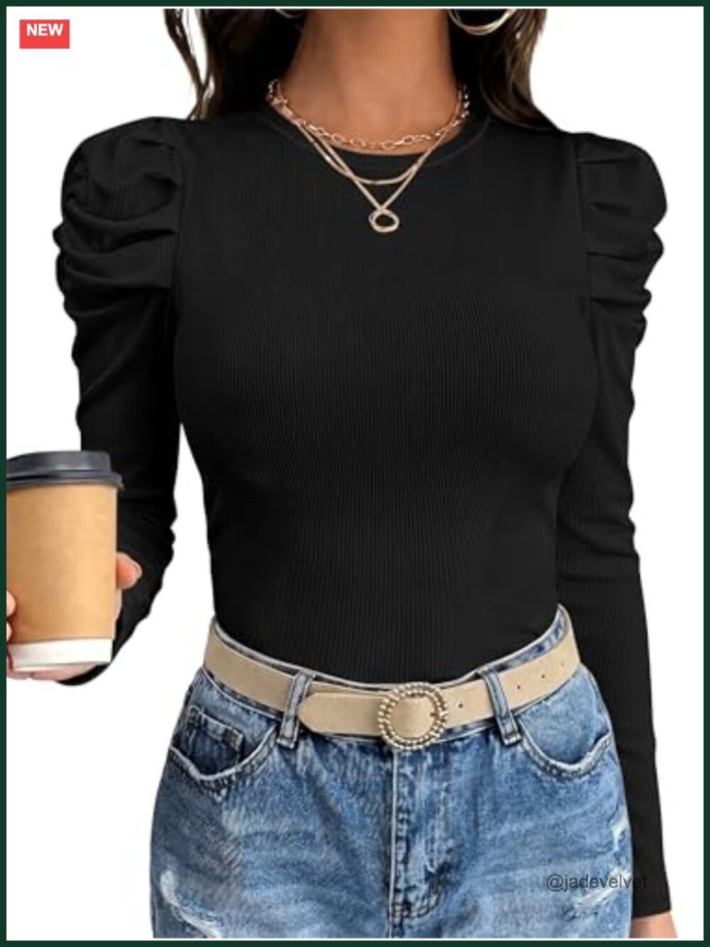 Long Sleeve Slim Fit Puff Sleeve T-Shirt Ribbed Knit